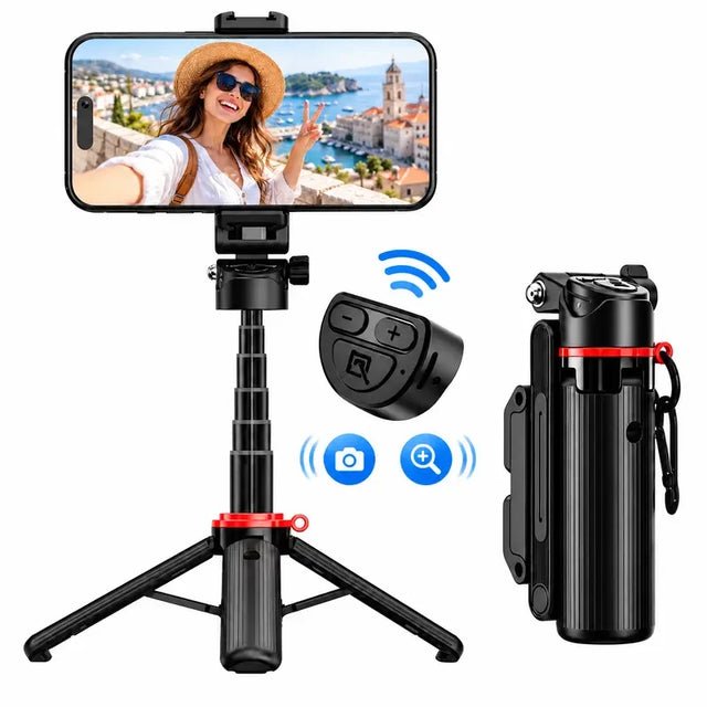 All-In-1 Folding Handheld Selfie Stick Tripod with Bluetooth Remote & Hook, Silicone-Stabilized Telescopic Pole for Cellphone/Mobile, Box-Packaged Accessories for Women, Portable Travel Streaming Gear for Iphone/Android